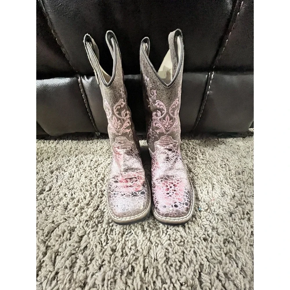 OLD WEST Children All Over Leatherette Antique Pink/Brown Crackle Broad Boots